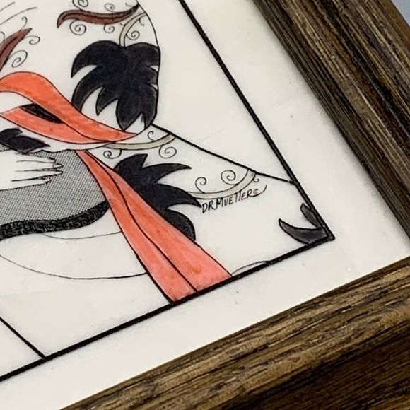 Framed Geisha Girl in Kimono Robe Fan Etched Art D R Mueller Signed Faux Marble - Picture 8 of 14